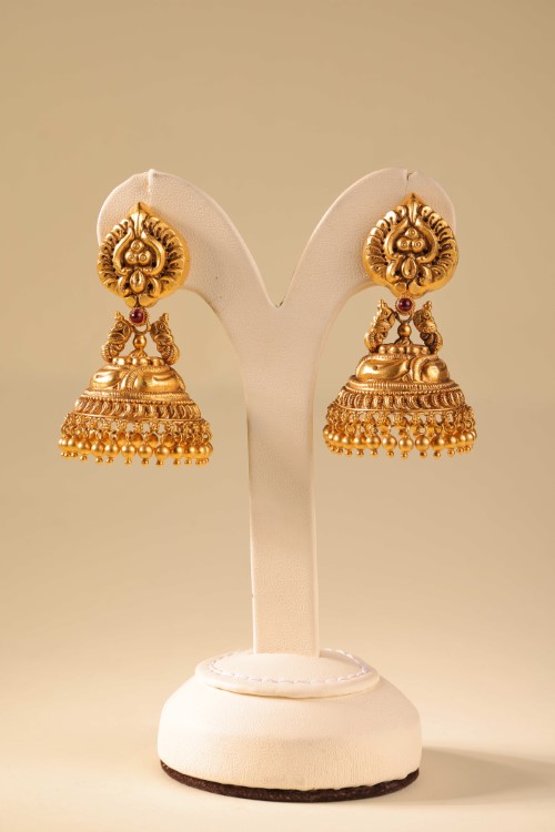 Gold jhumka earrings at JJ Jewellers Thrissur